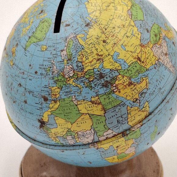 VTG Ohio Art Tin Metal Litho Earth Globe World Coin Piggy Savings Bank W/Stopper - Picture 2 of 10